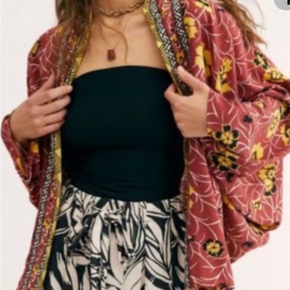 Free People Kona Print Kimono Jacket Floral Boho Lightweight Layering Piece
